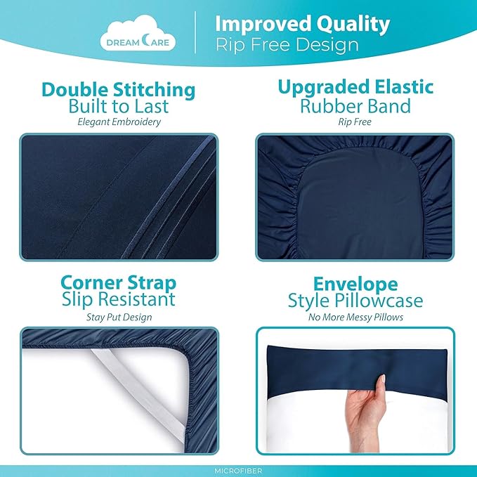 DREAMCARE Twin Sheets - Cooling Bed Sheets - 4pcs Set - up to 15" Deep Pocket Twin Bed Sheets - Twin Sheet Set - Twin Soft & Lasting 100% Fine Brushed Polyester with Side Pocket - N.Blue
