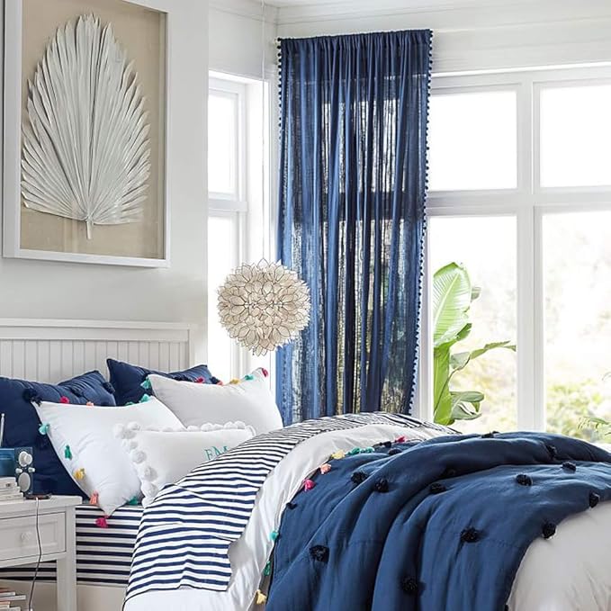 Treatmentex Pom-Pom Blue Sheer Curtains for Bedroom 63" Window Drapes Rod Pocket Textured Sheer Curtain Panels for Boy's Room Navy 52" w 2 pcs