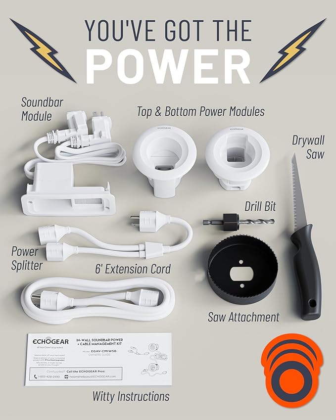 ECHOGEAR in Wall Cable Management Kit for TV & Soundbar - Cord Concealer & Power Kit - Powers Devices & Hides All Cables - Comes with Circle Saw Drilling Attachment & Drywall Hand Saw