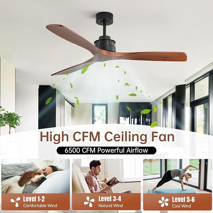 Sofucor 60 Inch Ceiling Fan No Light, Indoor/Outdoor Ceiling Fans Without Lights Remote Control, Reversible DC Motor, 6 Speed, Timer, 3 Blade Solid Wood Ceiling Fans for Bedroom Patio Farmhouse