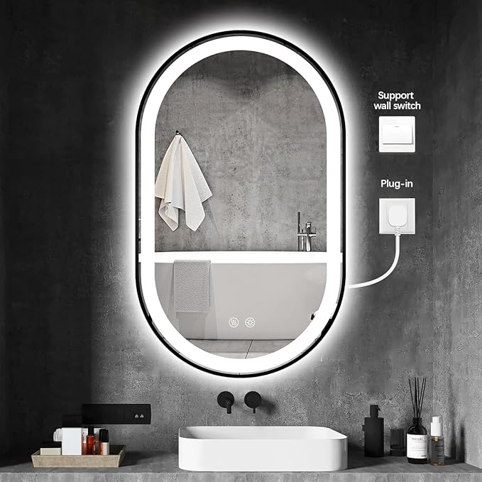 Niccy Oval LED Mirror for Bathroom, 40x24 Front Lit + Backlit Vanity Mirrors with Light Anti-Fog, Shatter-Proof, 3 Colors, Makeup Mirror with Black Frame (Horizontal/Vertical)