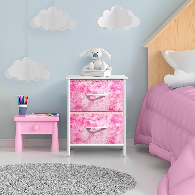 Sorbus Nightstand with 2 Drawers - Kids Bedside Furniture End Table Night Stand - Steel Frame, Wood Top & Easy Pull Fabric Bins - Dresser & Chest for Home, Bedroom Accessories, Office & College Dorm