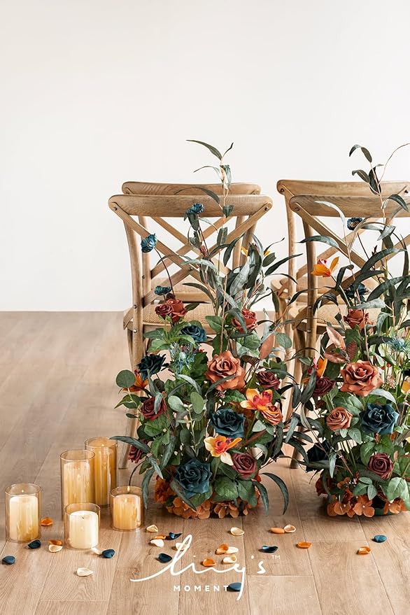 Ling's Moment 41" Tall Fall Free Standing Artificial Flowers Arrangements 2 pcs Wedding Arch Altar Stage Decorations Teal Burnt Orange For Ceremony Reception Church Backdrop Outdoor Aisle Floral Party
