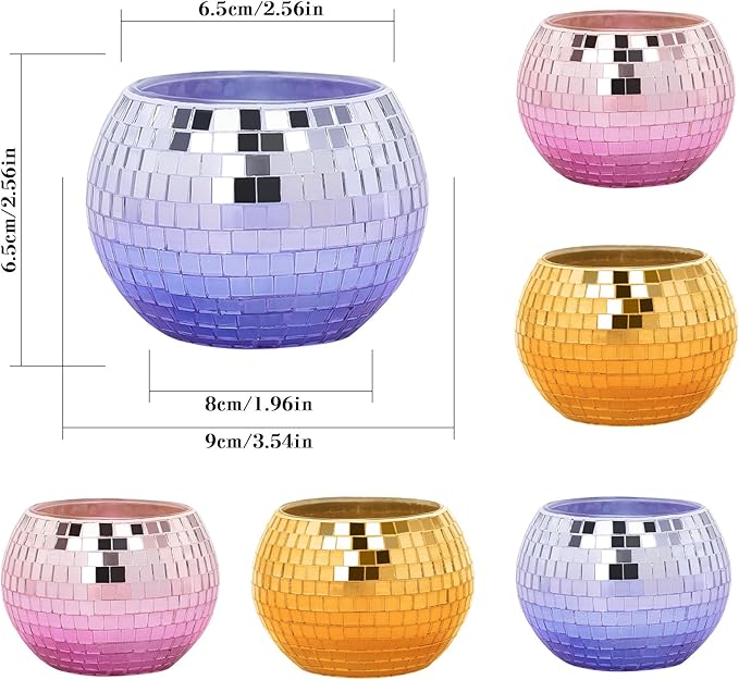 Tealight Candle Holder Set of 6, Grandient Mosaic Candle Holders Stained Glass Votive Candle Holder, Colorful Disco Ball Tealight Holder for Birthday Party, Weding Centerpieces, Home Decor