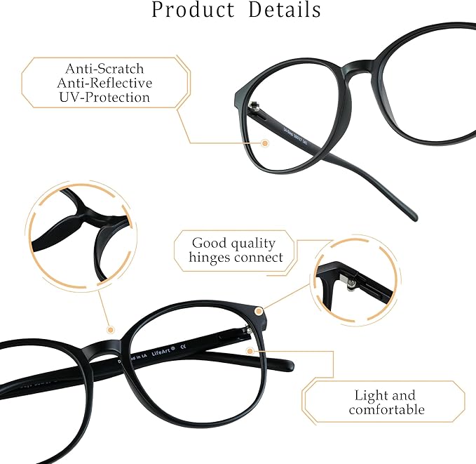 LifeArt Round Blue Light Blocking Glasses, Computer Glasses, Gaming Glasses, TV Glasses for Women Men (Black, No Magnification)