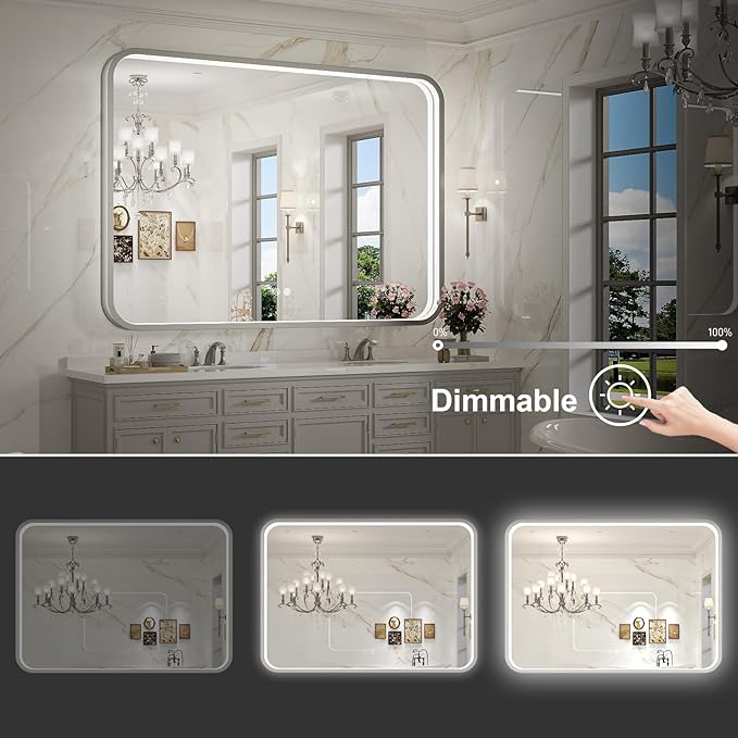 LED Bathroom Mirror with Lights,43x36 Inch Brushed Silver Framed Lighted Vanity Mirror,Anti Fog Stepless Dimmable Wall Mounted(Horizontal/Vertical)