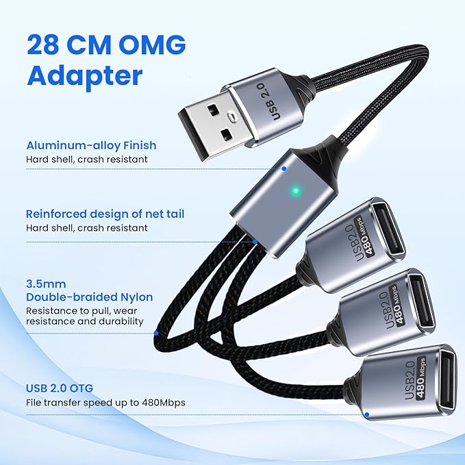 USB Splitter 3 Port with USBC Adapter for Laptop, 1 in 3 Out Extension Cable, Data and Power Cable Compatible with PC Keyboard Mouse Mac Flash Drive PS4 PS5 Printer
