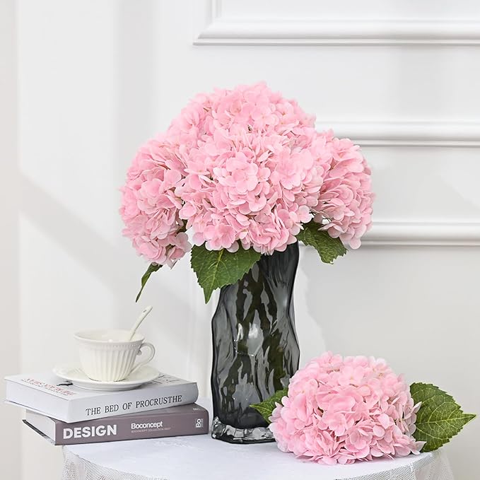 MARTINE MALL 3Pcs 21in Hydrangea Artificial Flowers, Latex Real Touch Hydrangeas Lifelike Large Hydrangea Flowers for Home Decor Party Arrangements Wedding Bouquets Centerpieces (Light Pink)