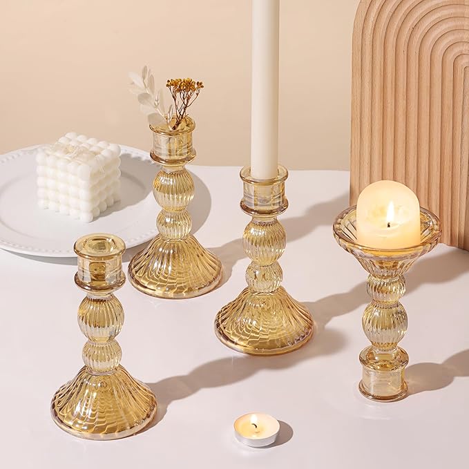 DARJEN Gold Candlestick Holders Set of 4 - Vertical Stripe Glass Candle Holders for Candlesticks and Taper Candles, Taper Candle Holder for Wedding, Party, Home Decor & Table Centerpieces