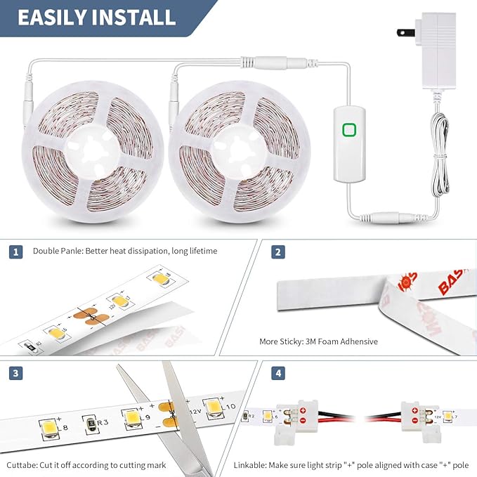 Led Strip Lights 65.6ft Warm White Dimmable Led Light Strip Flexible Rope Lights Kits with 24v Etl Power Supply, Adhesive Clips, Dimmer Switch and Connectors for Indoor Decor