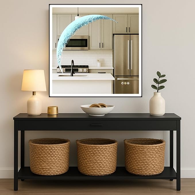 LED Bathroom Mirror, 32x32 inch Square Black Frame Mirror with 3 Color Lights, Half Moon Light, Defogger, Wall Mounted LED Vanity Mirror for Bedroom, Entryway, Living Room, Home Decor