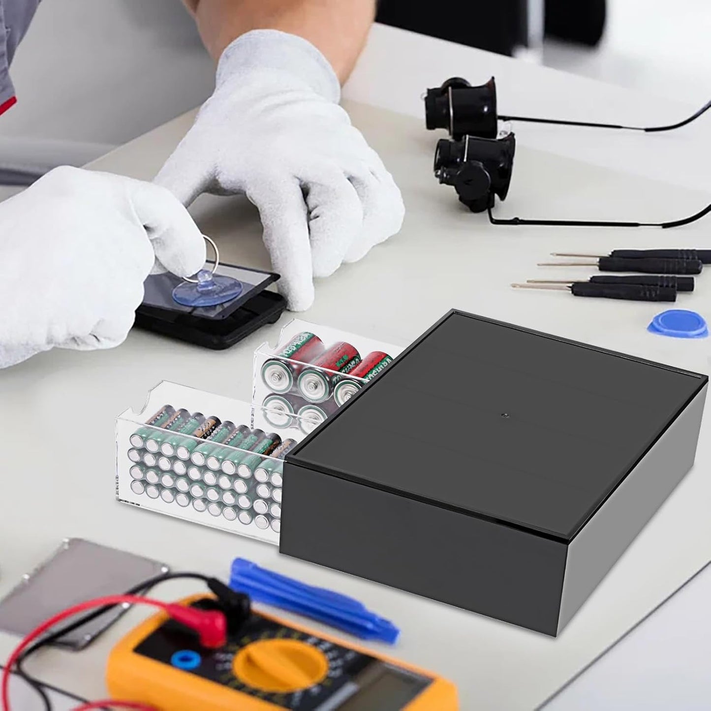1 Pack 9V, 4-Drawer Common BTSKY Black Acrylic Battery Storage Organizer for AA, AAA, C Batteries, Storage Box Battery