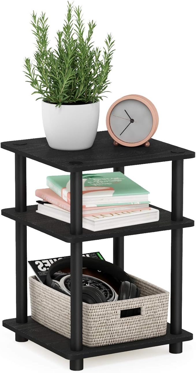 Furinno TURN-N-TUBE Side Table, 3-Tier End Table, Open Shelves Nightstand, Night Stand, Bedside Table, Easy Assembly, for Living Room, Bedroom, Blackwood