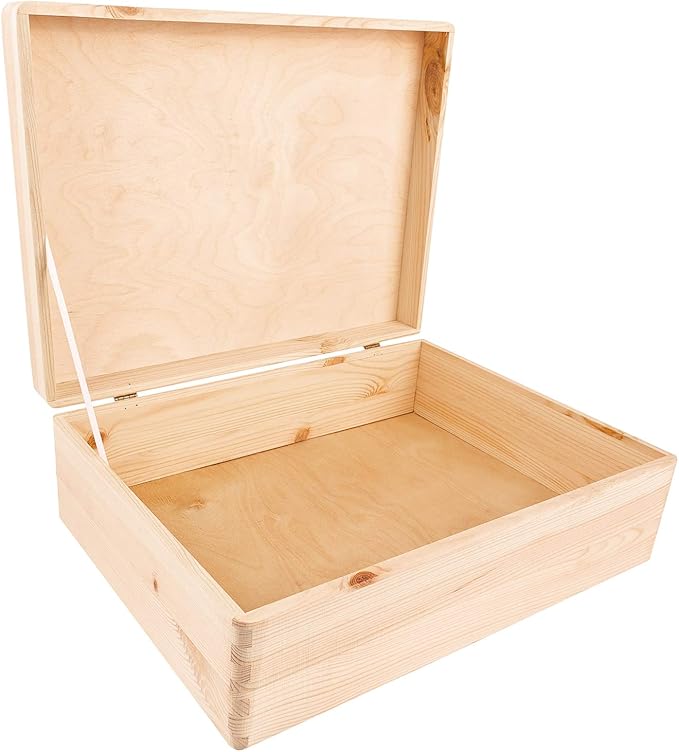 XL Large Wooden Storage Box with Hinged Lid | 15.8x11.8x5.5 inches (+-0.5) | Plain Unpainted Gift Box Tool Toy Kitchen Clothes Jewelry | Rough & UNSANDED Wood Keepsake