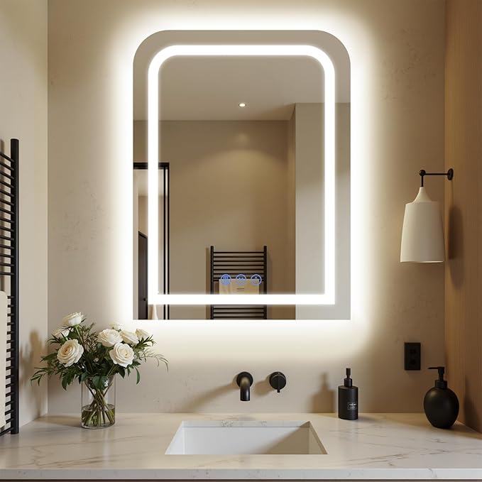 LED Bathroom Mirror, 24"x 32" LED Mirror with Lights for Bathroom, Lighted Vanity Mirrors for Wall, Anti-Fog, Dimmable, Tempered Glass, Memory Function, 3 Colors, Safe Use (White)