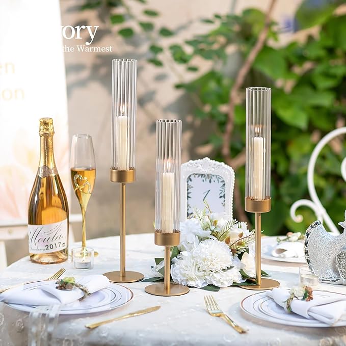 Hewory Gold Hurricane Candle Holders: Brass Candlestick Holders Set of 6 Tall Taper Candle Holders for Candlesticks Candle Sticks Holder Decor for Table Centerpiece Wedding Party Christmas Decorations