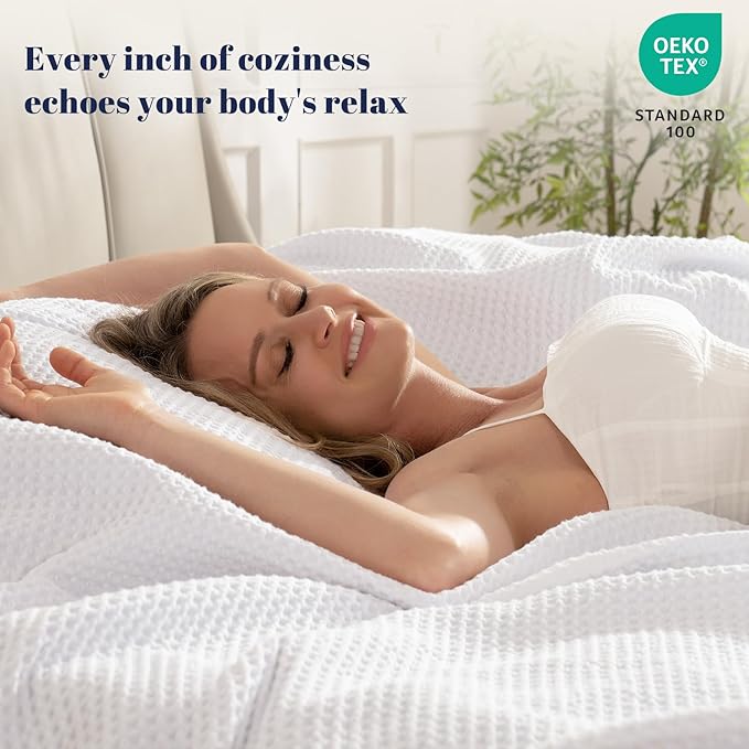PHF 100% Cotton Waffle Weave Blanket Twin Size for Bed,Snag Proof Lightweight Breathable Moisture-Wicking Throw for Couch,Great for Layering in Cold Weather,Machine Washable,Home Decor Gift-White