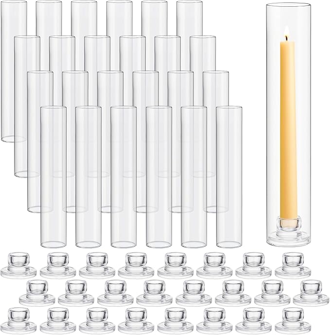 24 Set Glass Hurricane Candle Holders 11.8" Open Ended Glass Candleholder Tube Shape Bottomless and 1.26" Taper Clear Candlestick Holders for Wedding Party Table Centerpiece