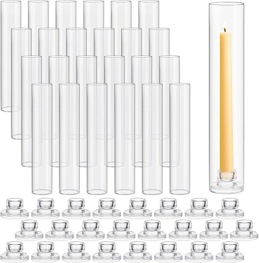 24 Set Glass Hurricane Candle Holders 11.8" Open Ended Glass Candleholder Tube Shape Bottomless and 1.26" Taper Clear Candlestick Holders for Wedding Party Table Centerpiece