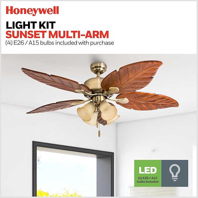 Honeywell Ceiling Fans Royal Palm, 52 Inch Tropical LED Ceiling Fan with Light, Pull Chain, Three Mounting Options, Hand Carved Solid Wood Blades - Model 50504-01 (Aged Brass)