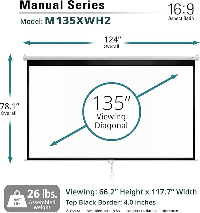 Elite Screens Manual Series, 135-INCH 16:9, Pull Down Manual Projector Screen with AUTO LOCK, Movie Home Theater 8K / 4K Ultra HD 3D Ready, 2-YEAR WARRANTY, M135XWH2