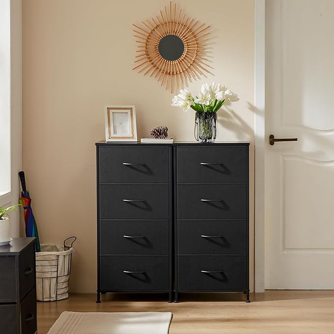 DUMOS Dresser for Bedroom 4 Drawers, Tall Fabric Closet Chests Organizer Tower Furniture with Wooden Top Metal Frame for Nursery, Living Room, Closet, Black