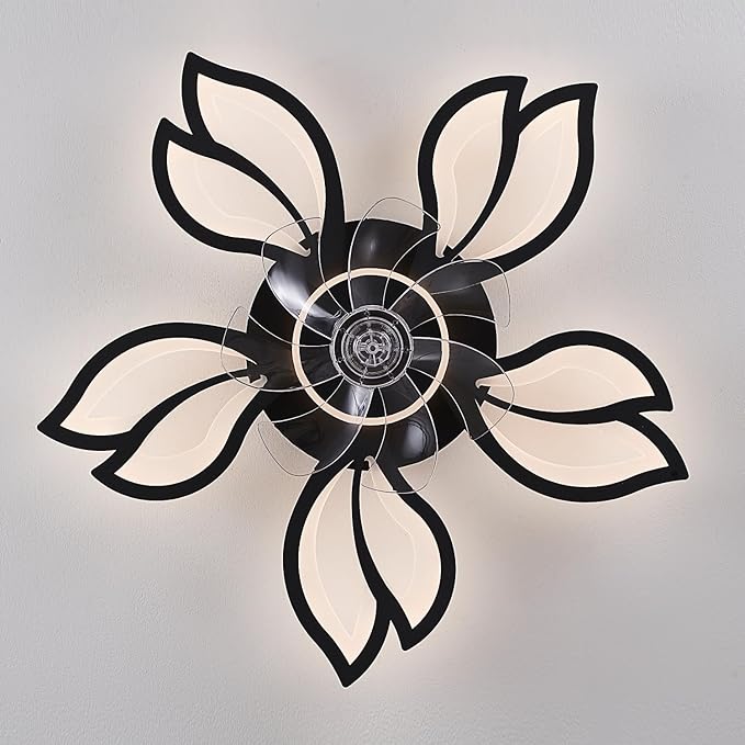 Ceiling Fan with Lights Remote Control, 26" Black Low Profile Ceiling Fan with Light, Modern Leaf Geometric Flush Mount Ceiling Fan for Kitchen Bedroom