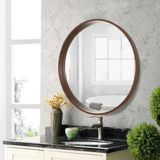 WallBeyond Circle Mirror with Wood Frame, 28" Round Modern Decoration Large Home Decor Mirror for Bathroom Living Room Bedroom Entryway (28" Diameter, Walnut)