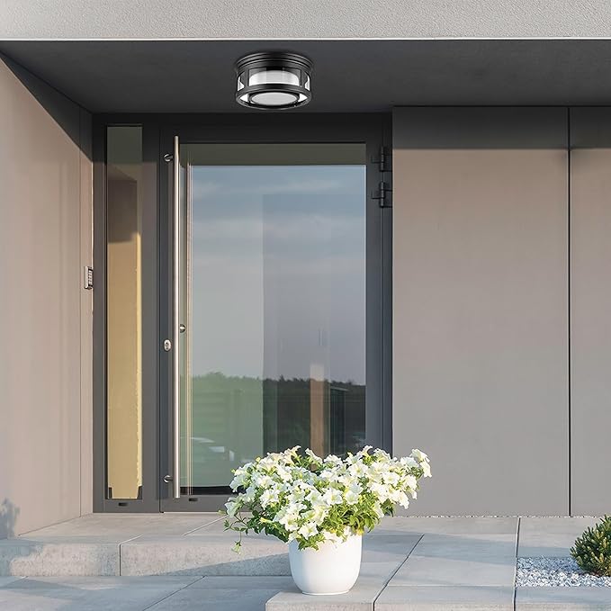 GLOBE Electric 44480 Brisbane 1-Light Outdoor Indoor Flush Mount Ceiling Light, Matte Black, Frosted Glass Shade, Bulb Not Included