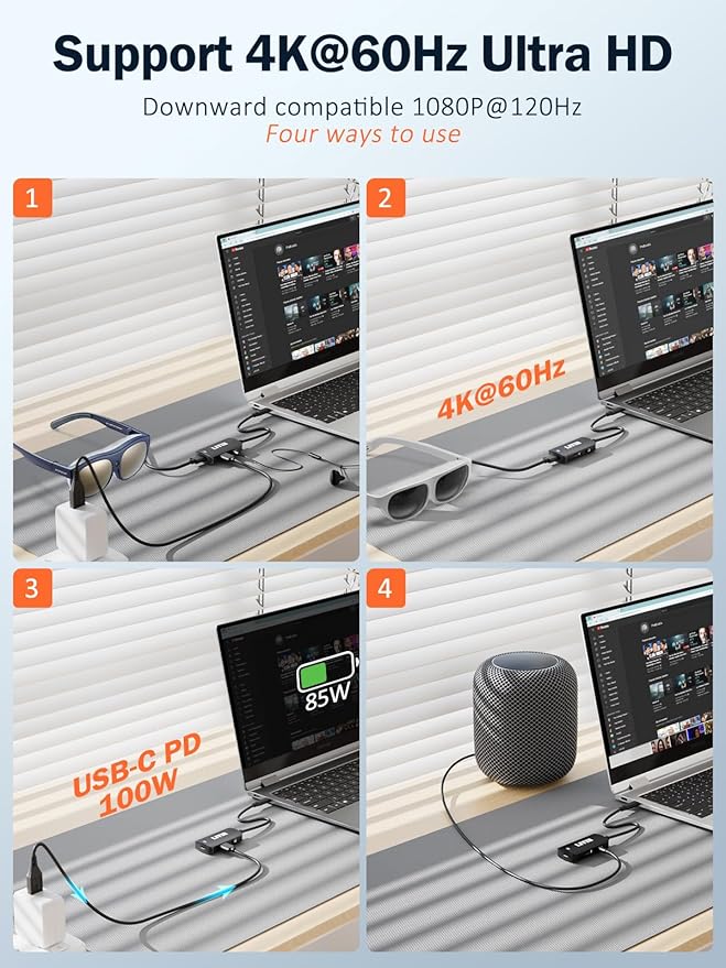 LIVIN USB C to Portable Monitor、AR Glasses XREAL One、Air 2 Pro/VITURE Pro/RayNeo Air 2s、3s/Rokid,【4K@60Hz+PD 100W+Audio 3.5mm】,USB C to Type C Adapter iPhone15/16、Android、PC、Switch、Steam Deck、Rog Ally