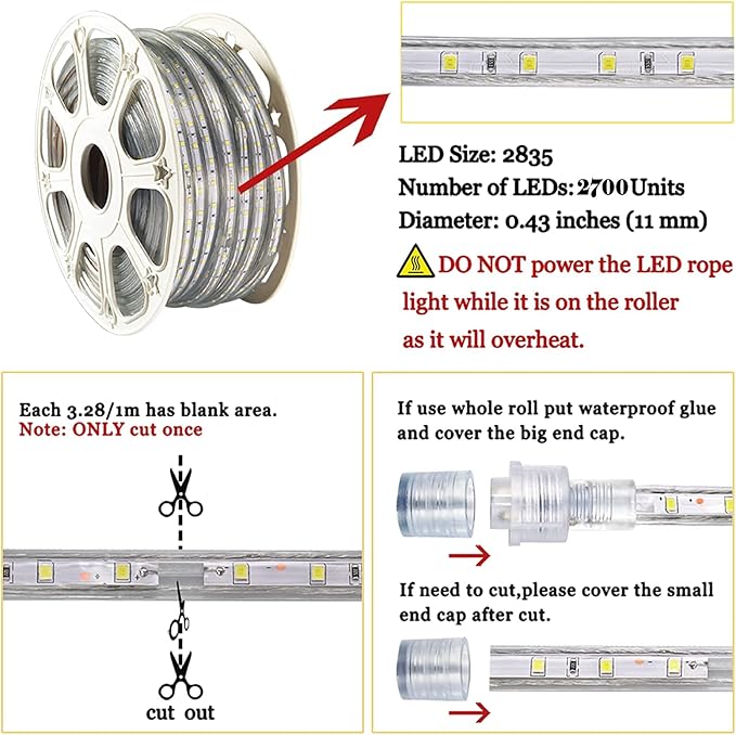 SURNIE 150ft LED Rope Lights Outdoor Waterproof: 110V Daylight White Dimmable Flat Strip Light 6500K Cuttable Connectable for Stairs Deck Backyards Commercial Indoor Outdoor Lighting, Not Tube Rope