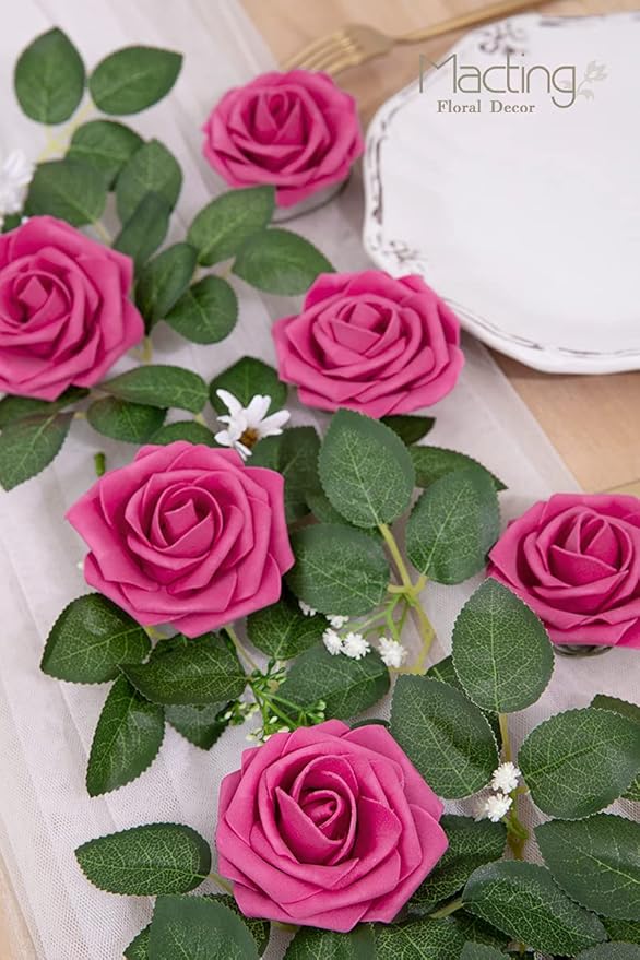 MACTING 30PCS Artificial Flower Roses, Real Touch Fake Flowers with Stems, Foam Roses for Wedding Bouquet Party Centerpieces Baby Shower Home Decorations (Hot Pink)