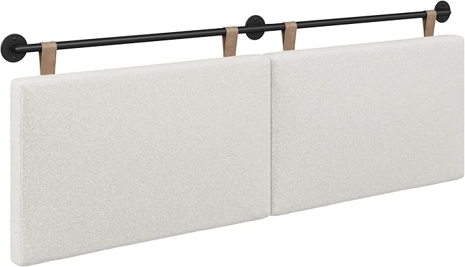 Nathan James Charlie Wall Mount Hanging Upholstered Headboard, Queen, White Boucle with Brown Faux Leather Straps