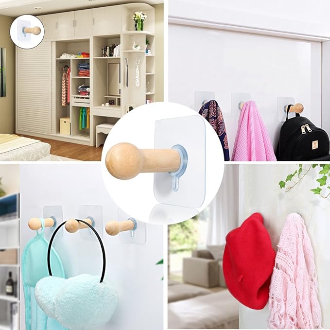 Wooden Adhesive Hat Hooks for Wall 8lb-No Drill Adhesive Hangers, Sticky Hat Hanger Stick On Door Closet Cabinet Wardrobe Entryway-8 Packs