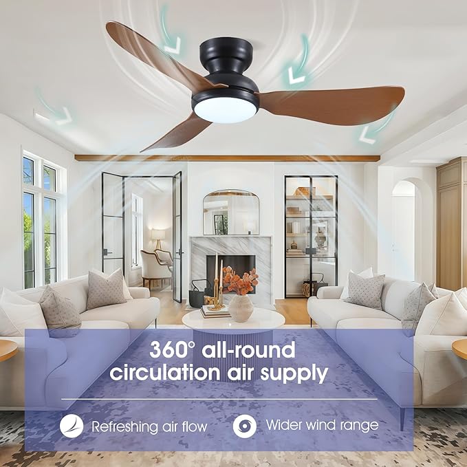 46 Inch Modern Ceiling Fans with Lights, Flush Mount Ceiling Fan with Remote/APP Control, 3 Reversible Curved Blades, 6 Speeds, 3 CCT, Dimmable LED Lights for Living Room Bedroom, Brown