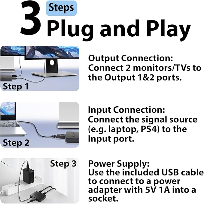 HDMI Splitter 1 in 2 Out, 4K HDMI Hub 2.0 Video Duplicator with 2.5ft USB Power Cable and Adapter, Supports 4K@30Hz UHD for TV, Monitor, Projector, PS4, Xbox, Blu-Ray – Mirror Mode Only