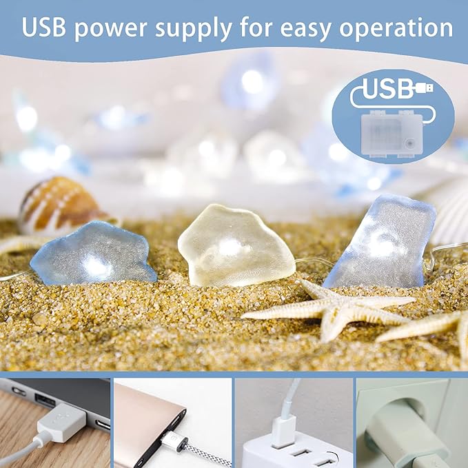Impress Life Ocean Decor String Lights, Sea Glass Festive Beach Themed 10 ft 40 LEDs Battery&USB Cord Operated Decorative Lights with Remote Timer for Tent Wedding Nursery Bedroom Party Ornament