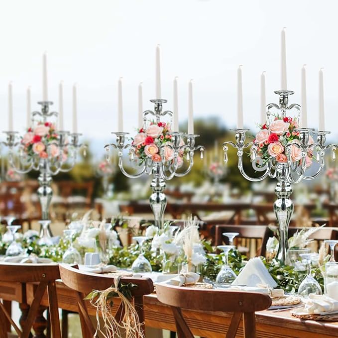 20.3'' Tall 5 Arm Silver Metal Candelabra Centerpiece for Table, Retro Table Centerpieces for Party, Events, Home, Wedding Decor (4)