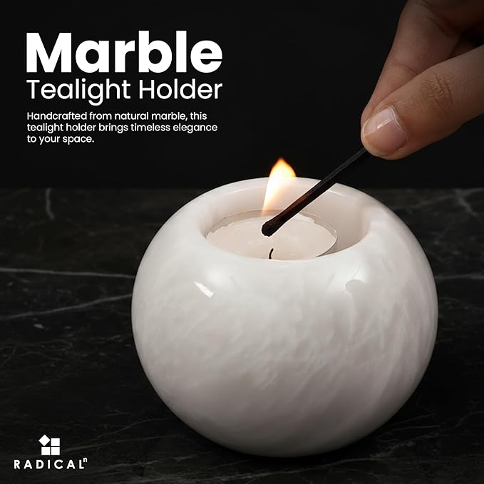 Radicaln Marble Tealight Candle Holder 4" Inches Handmade White Decorative Candle Accent for Wedding Table, Modern Farmhouse Dining Table Centerpiece, Ideal Set of 3 Small Votive Candle Holder