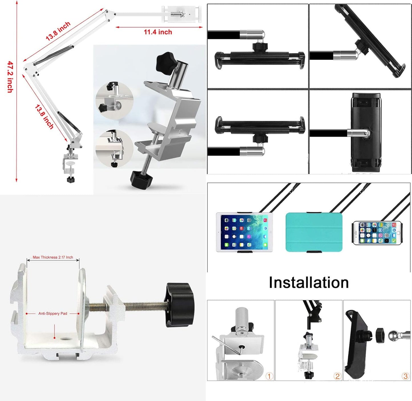 Heavy Duty Phone/Tablet Metal Holder, Universal Mobile Cell Smartphone Mount with 360° Rotation Gooseneck Clamp
