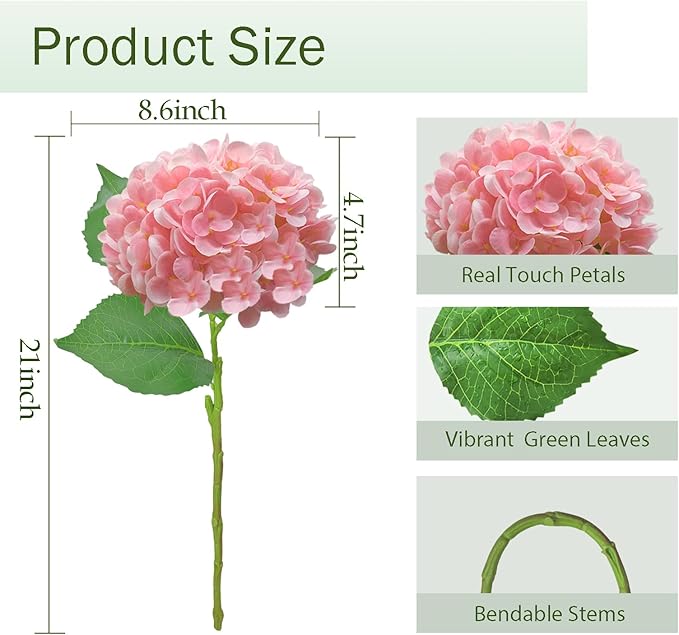 Real Touch Pink Hydrangea Artificial Flowers with Stems, Fake Silk Flowers for Outdoors, 3 Pcs Artificial Flowers for Home Decor Wedding Bouquets Centerpieces Vase