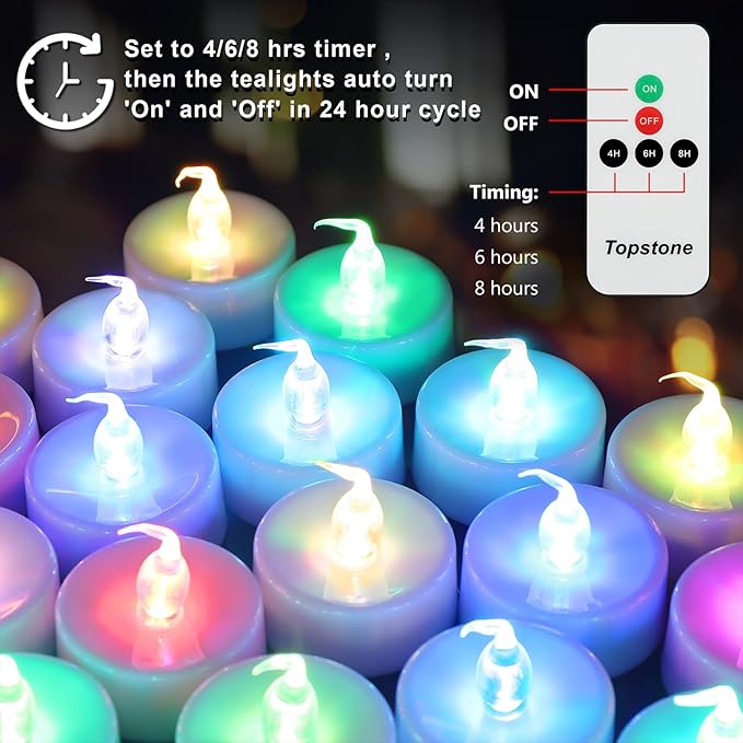 Topstone Color Changing Led Tealight Candles with Remote Control and Timer,Battery Operated Flameless Candle, Votive Candles,Electric Tea Candles for Party,for Indoor Decoration,Pack of 12