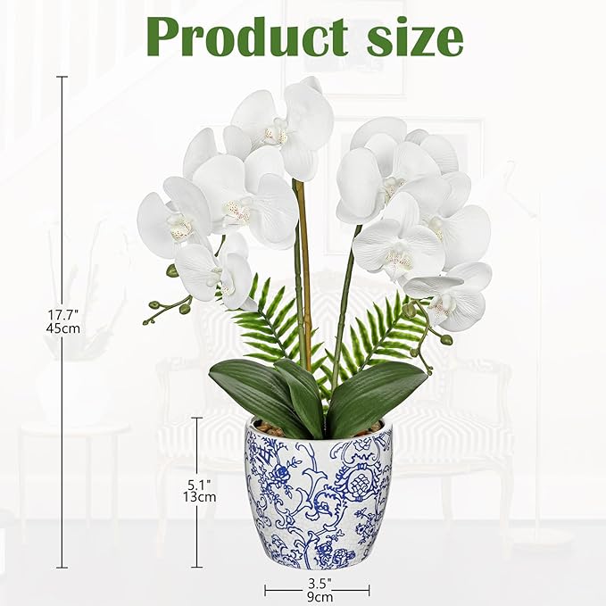Briful Orchid Fake Flowers 18.8in White Orchid Silk Flower with Blue and White Pot Faux Orchid Arrangement for Home Office Room Shelf Table Centerpiece Decoration