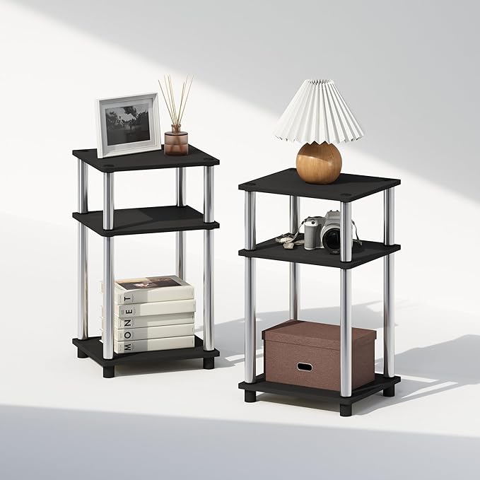 Furinno Just 3-Tier Turn-N-Tube Open Storage Nightstand, 2-Pack, Americano, Stainless Steel Tubes