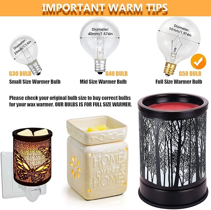 25 Watt Wax Warmer Bulbs, Light Bulbs for Full Size Scentsy Warmer, 6 Packs E12 Base Type G Bulb, Dimmable, Warm White, 120V G16 1/2 Bulbs for Candle Lamp