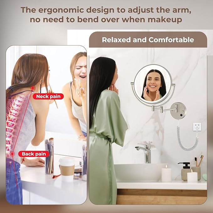 Rocollos 9" Plug-in Wall Mounted Lighted Makeup Mirror 1X/10X Magnification, Super Large Double Sided LED Vanity Mirror for Bathroom, 3 Color Dimmable 360°Swivel Extendable Shaving Cosmetic Mirror