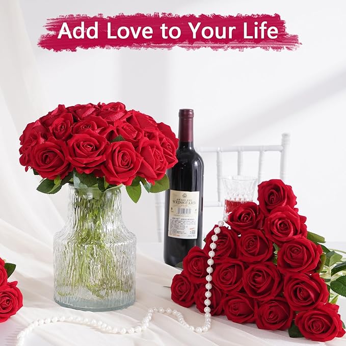 BLEUM CADE 200 Pcs Red Roses Artificial Flowers, Real Touch Velvet Roses Fake Flowers Bulk, Artificial Roses Bouquet with Long Stems Bridal DIY Wedding Party Centerpiece Decorations
