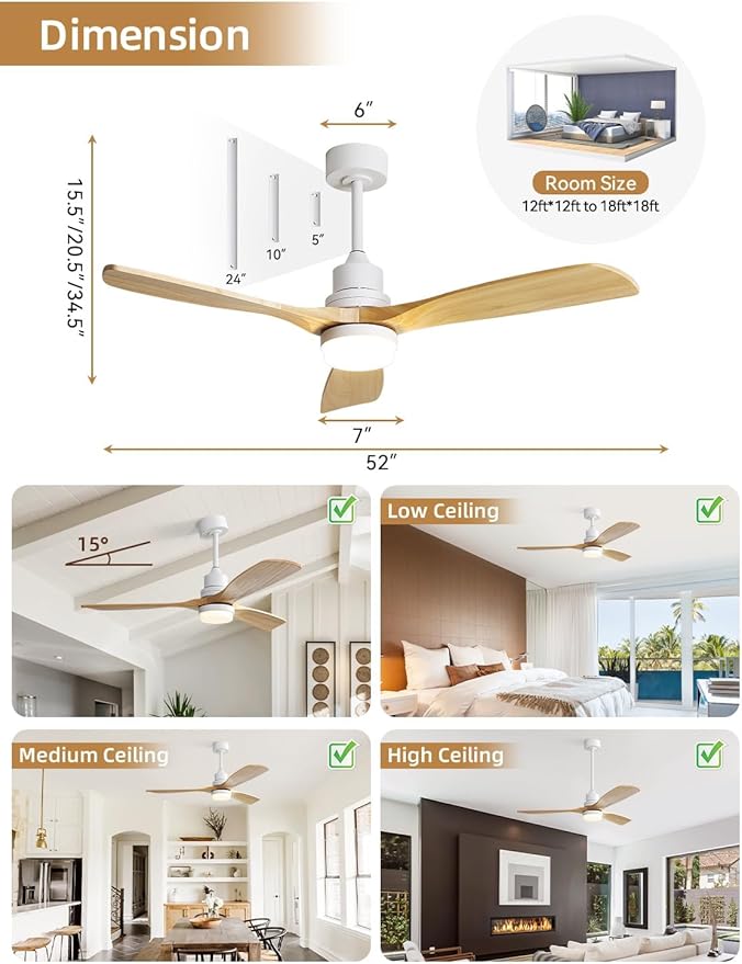 Sofucor 52 Inch Smart Ceiling Fans with Lights and Alexa/Google Assistant/APP/Remote Control-Modern Solid Wood Outdoor 3 Blades Ceiling Fan for Bedroom Living Room Indoor Farmhouse Patio, Natural Wood