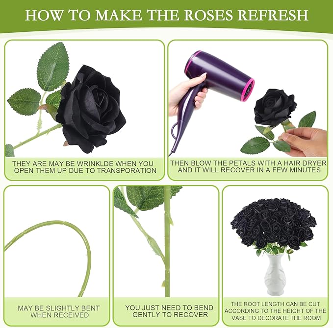 Hananona 50 Pcs Artificial Roses in Bulk, Fake Velvet Silk Roses Realistic Black Roses for Wedding Centerpieces Flower Arrangement Home Decor (50, Black)