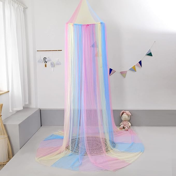 Rainbow Bed Canopy with Lights - Girls Room Bed Netting for Twin, Single, Full, Queen Size Beds - Reading Corners Room Décor